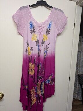 7 Islands XL Ombre Floral Boho Maxi Dress Pink Magenta Glitter Lace Up Rayon